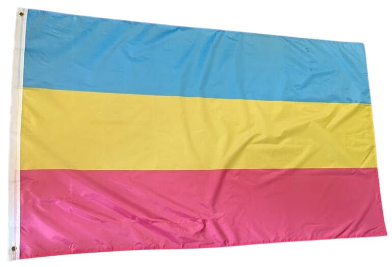 Det panseksuelle flagget i størrelsen 90x150 cm. Fargene blå