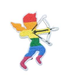 Pride amor pil og bue broderi Bildet viser en person med pil og bue i regnbuens farger.