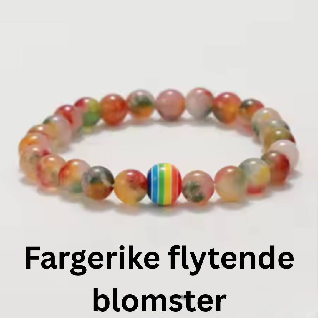 Pride armbånd med fargerike flytende blomster. Fargene flyter mellom flere farger.