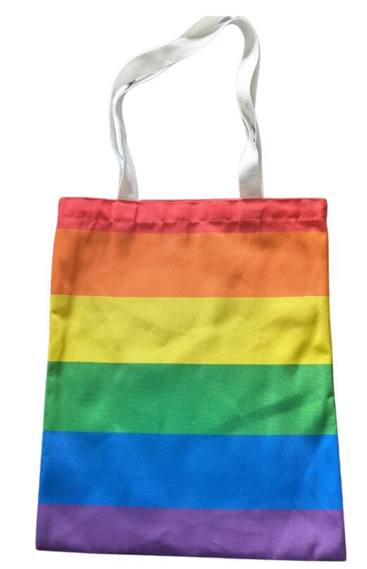 Handlepose i regnbuens farger. Nydelig totebag.
