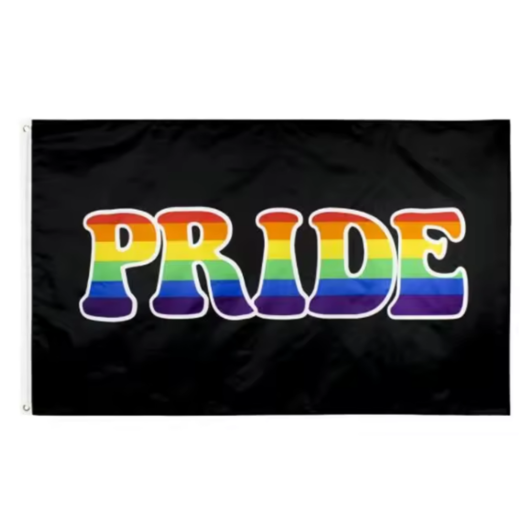 Prideflagg 90x150 cm svart bakgrunn Svart prideflagg i størrelsen 90x150 cm med pridefarger